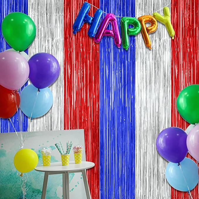 4 Pack 4th of July Decorations, 3.28 FT x 7.05 FT Independence Photo Backdrop, Metallic Blue Silver Red Backdrop Curtains Fringe Curtains Party Streamer, Patriotic Decor Fourth of July Party Supplies
