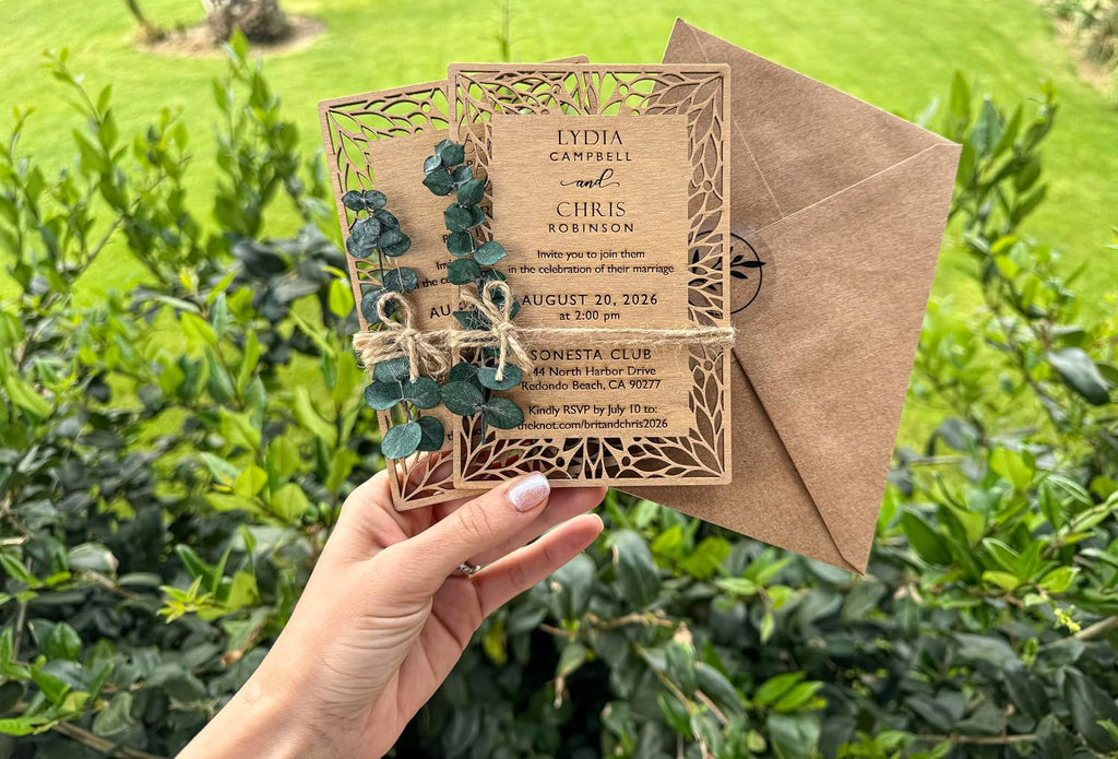 Pack of Floral Personalized Wedding Invitations - Laser Cut Wedding Invitation - Flower Twined Wooden Invitations with Envelopes & Stickers