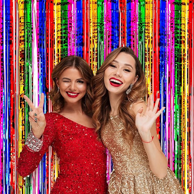 4 Pack 3.3x8.2 Feet Rainbow Foil Fringe Backdrop Curtains, Tinsel Streamers Birthday Party Decorations, Fringe Backdrop for Graduation, Baby Shower, Gender Reveal, Disco Party