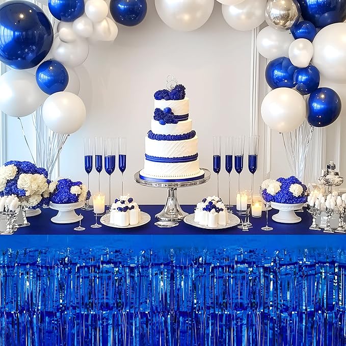 2 Pack Red Dark Blue Table Skirts, 29x108" Metallic Foil Tinsel Fringe Table Skirt for Rectangle Tables Streamer Curtains Backdrop, Party Decorations for Birthdays, Weddings, Holidays