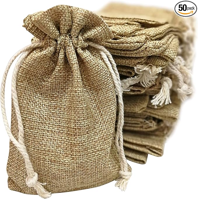 Supply Friend 50 Small Burlap Bags with Drawstring, 4x6 Inch Rustic Gift Bag Bulk Pack for Birthday, Wedding, Party Favors, Advent, Christmas, Holiday Gift Wrap, Jewelry and Treat Pouches