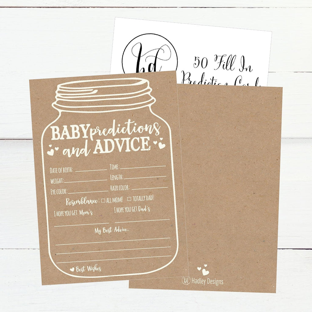Hadley Designs Baby Shower Games for 25 Guests - Kraft Prediction Cards for Baby Shower Advice Cards for New Parents, Boy Girl Gender Neutral Mason Jar Gender Reveal Games, Made in USA