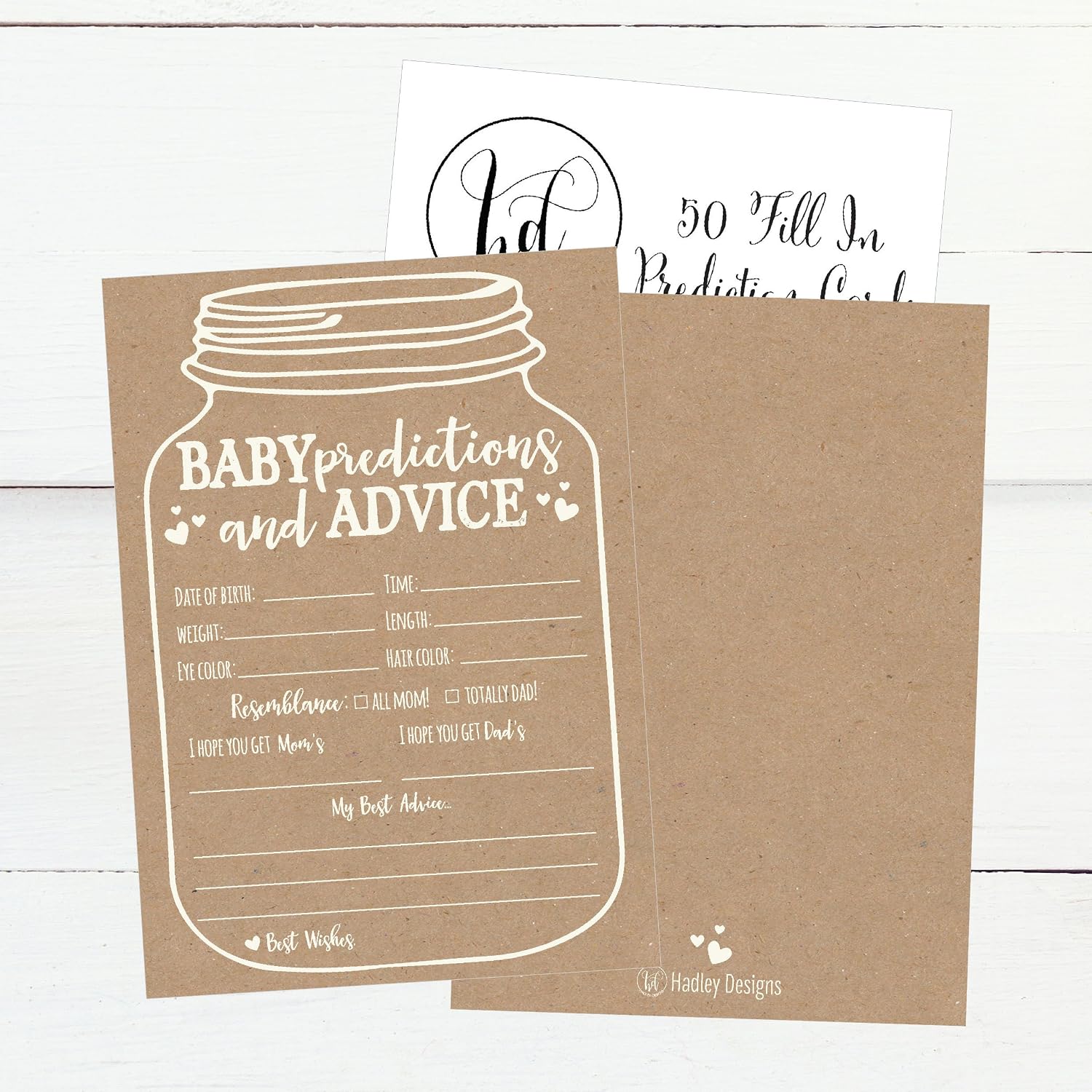Hadley Designs Baby Shower Games for 25 Guests - Kraft Prediction Cards for Baby Shower Advice Cards for New Parents, Boy Girl Gender Neutral Mason Jar Gender Reveal Games, Made in USA