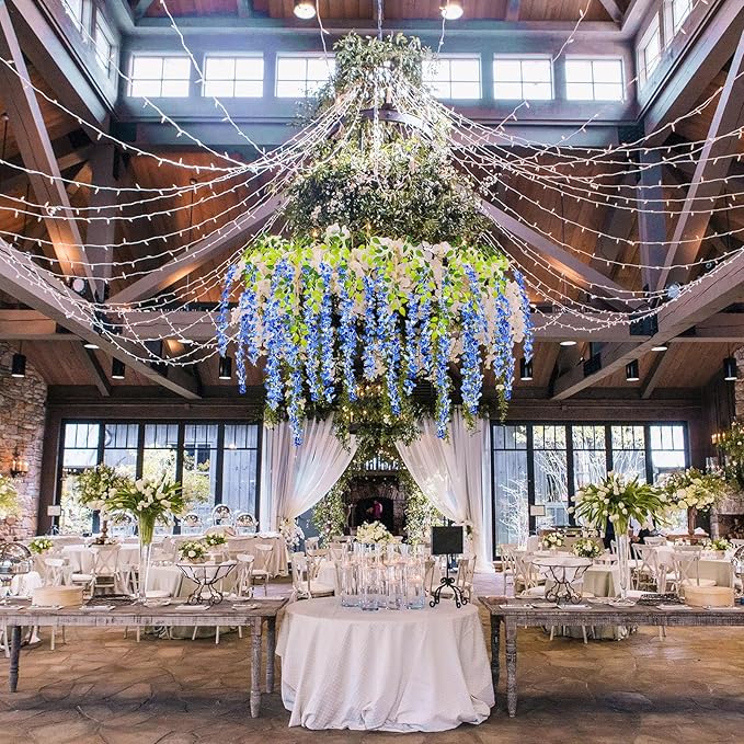 12 Pack Royal Blue Wisteria Hanging Flowers Garland with Lights, 3.44 Feet Artificial Flower Vines, Fake Wisteria, Artificial Vines Hanging Garland for Backdrop Outdoor Patio Garden Decor