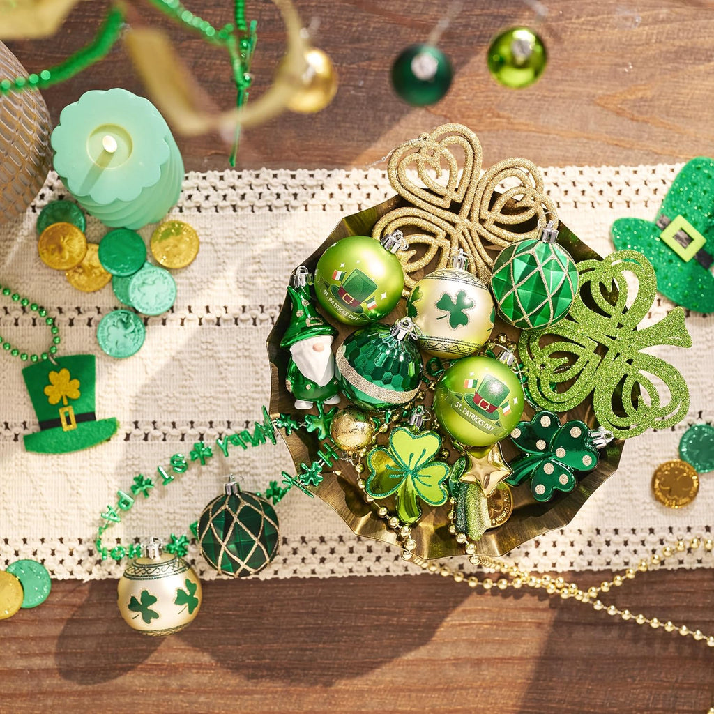 Valery Madelyn St Patricks Day Decorations Shamrock Tree Ornament,30pcs Hanging Ball Ornament Gnome Decor for Irish Festival, Good Luck Clover Emerald Green Gold Christmas Ball for Party Home Spring