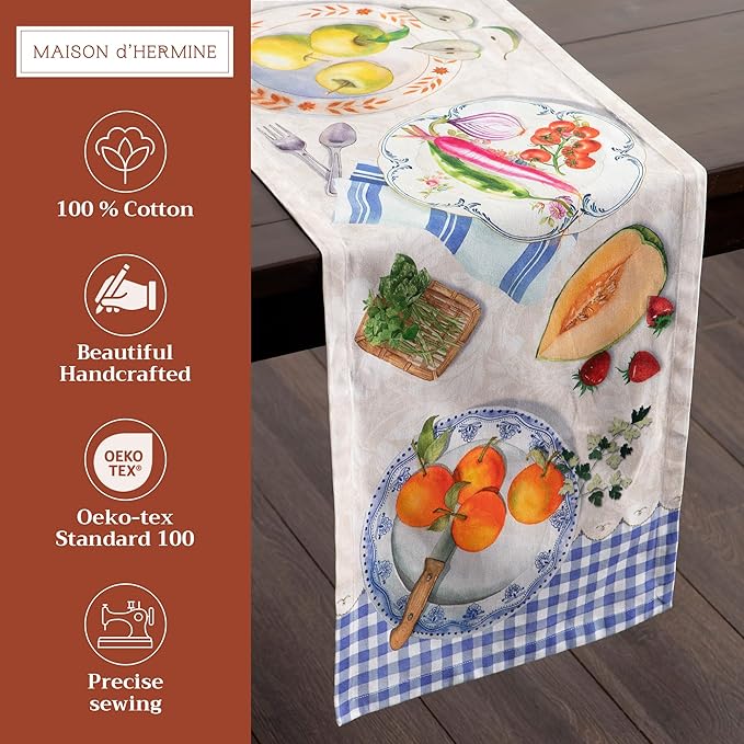 Maison d' Hermine Table Runner 100% Cotton Single Layer Table Runners 72 inches Long Decorative for Home Kitchen Dining Party Baby Shower Wedding Bridal Shower Spring Summer (Gourmand, 14.50" x 72")
