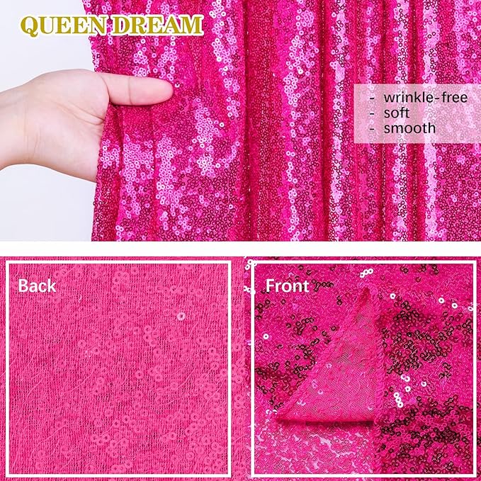 Hot Pink Sequin Backdrop Curtain for Party Fuchsia Background Drapes Panels 6FT x 8FT Glitter Fabric (3 Pieces 2FT x 8FT)