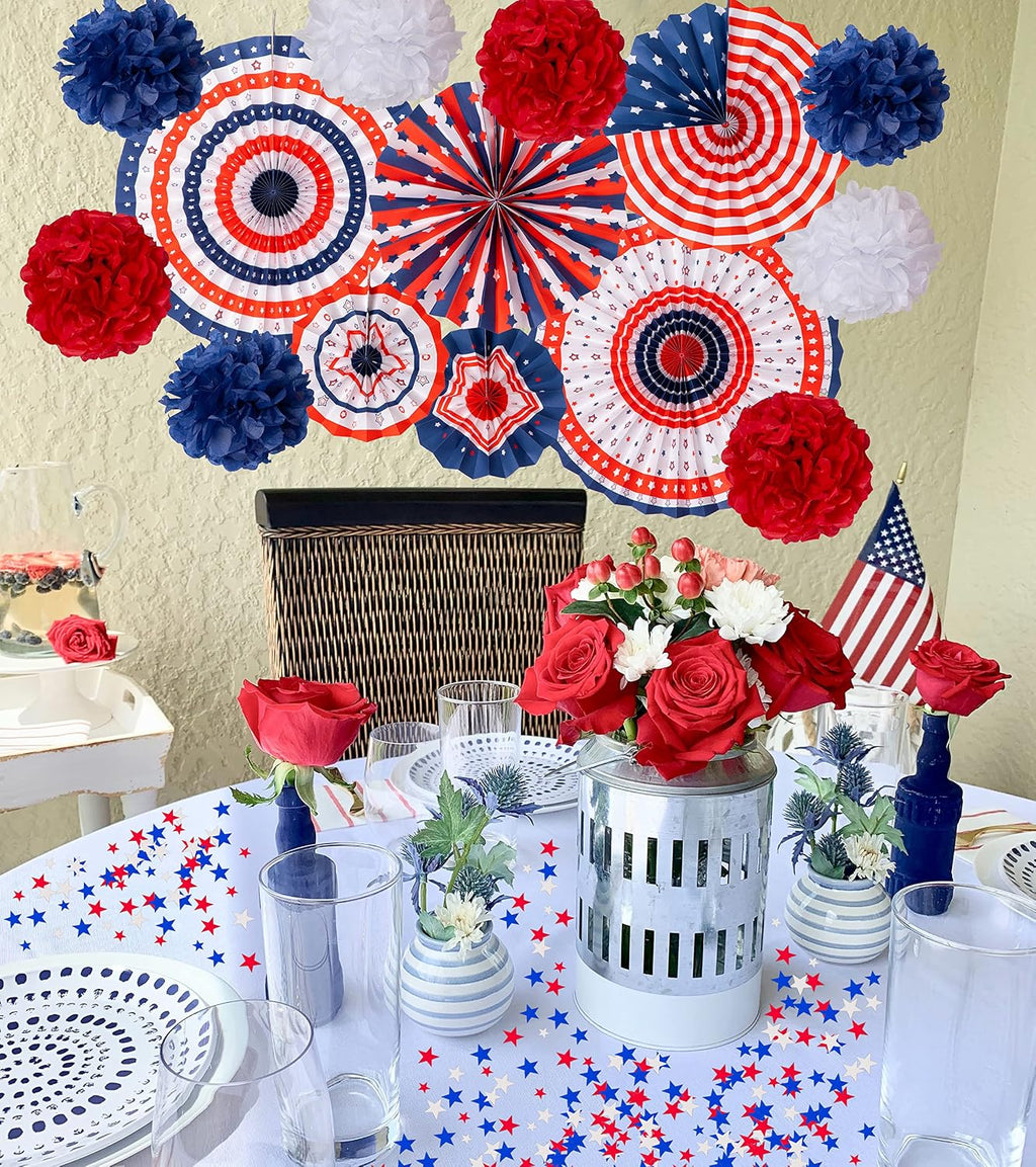 29PCS 4th/Fourth of July Patriotic Decorations Set | 250th Anniversary,Red White Blue Paper Fans,USA Flag Pennant,Star Streamer,Pom Poms,Hanging Swirls,Party Decor Supplies