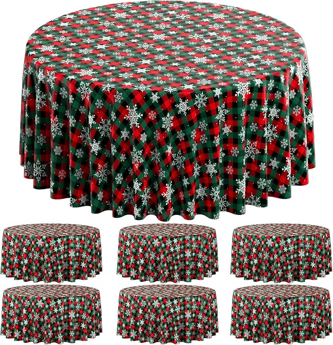Jectivs 6Pcs Christmas Buffalo Plaid Snowflake Party Tablecloths Decorations,Plastic Red and Green Checkered Round Table Cover for Winter Christmas New Year Birthday Holiday Party Decorations,84 inch