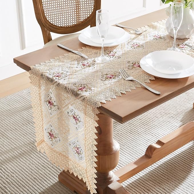 Warm Home Designs Gold Lace Table Runner. Embroidered with Intricate Flower Design. Can Be Used As Dresser Scarf or Dining Table Runner. VTR Linen 48