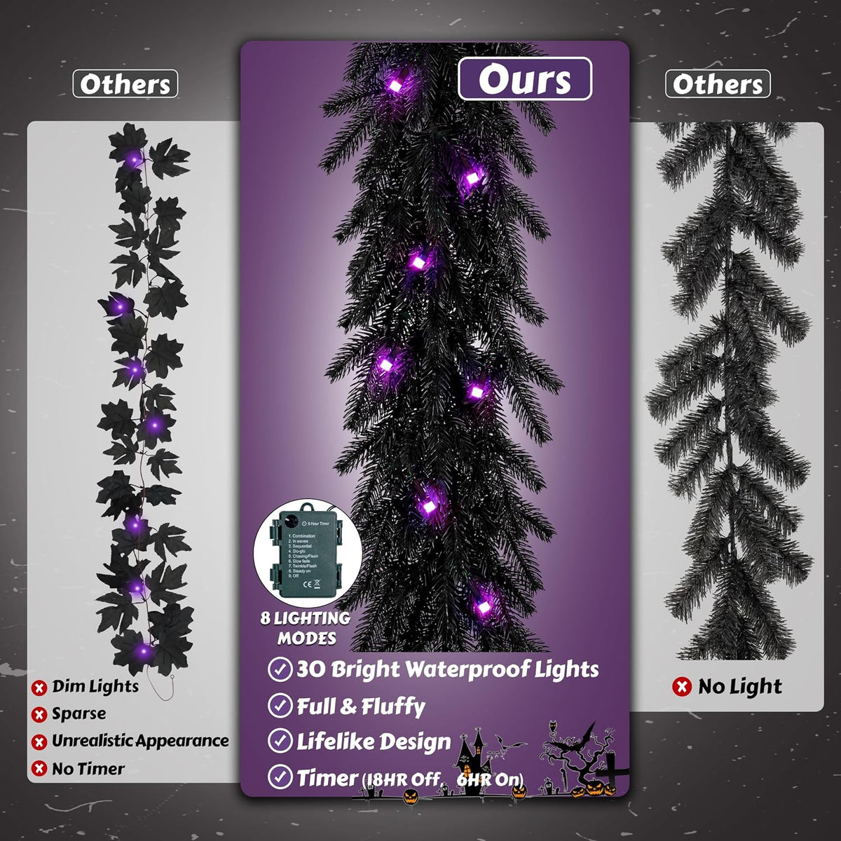 doiown pre-lit 6ft black norfolk pine halloween garland, close-up detail