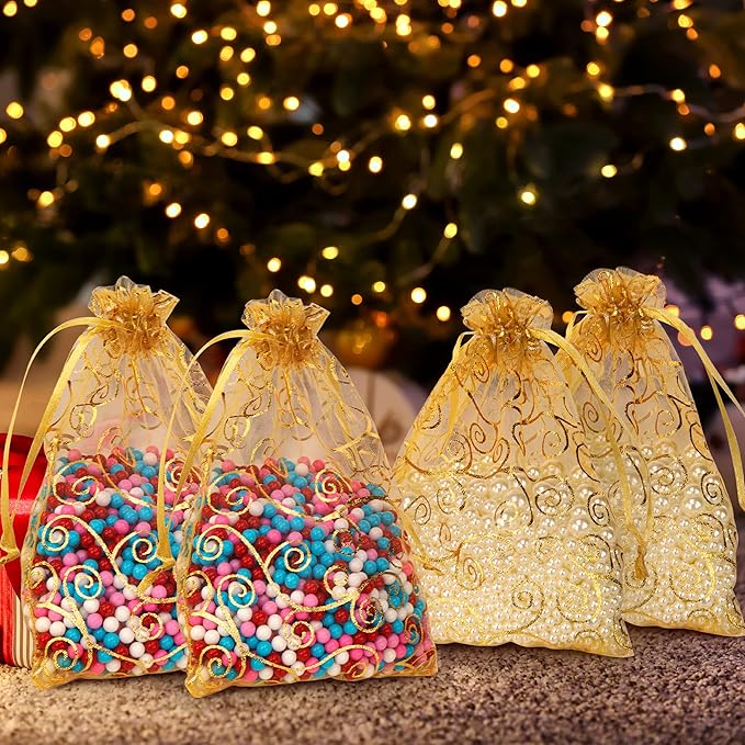 Staruby Organza Gift Bags 50 Pcs Gold Sheer Organza Bag 6x8 Inch Mesh Favor Bags Drawstring Jewelry Rattan Printed Gift Pouches for Wedding Party Favors Couple Shower Christmas Gifts Candy Bags