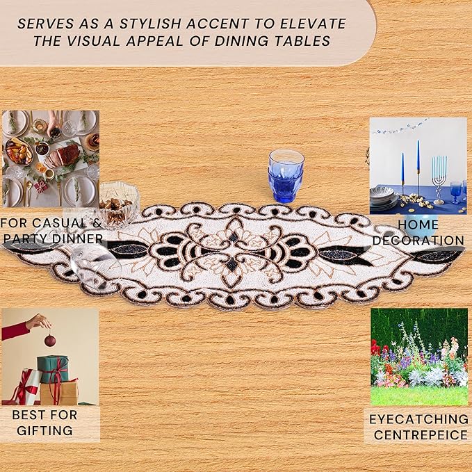 36" Decorative Beaded Table Runner - Handcrafted Floral Design with Durable Polyester Backing for Dining, Coffee Table & Special Occasions (Black White Brown) - CLEENTABLE