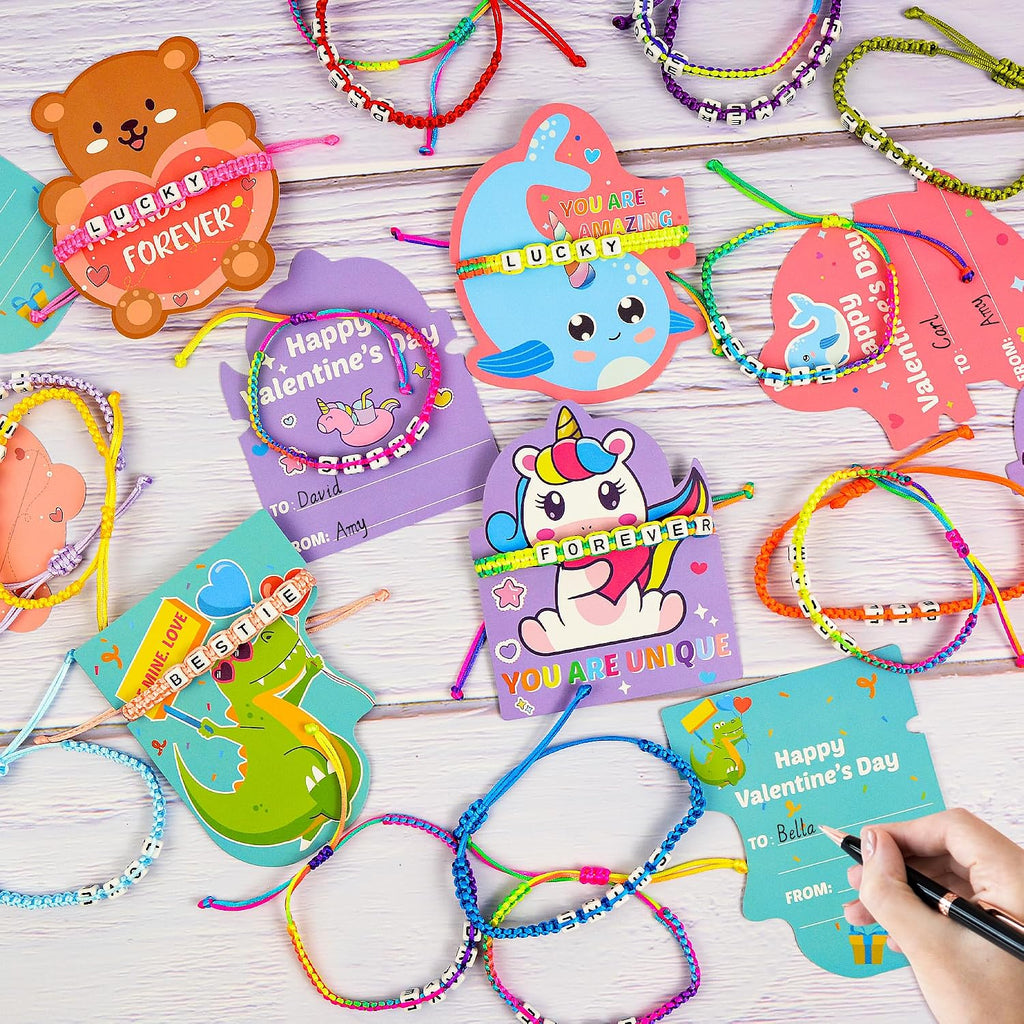 Gofriipai Valentines Day Cards for Kids School with Bracelets 24 Pack, Valentines Day Gifts for Kids Classroom with Friendship Bead Bracelets, Exchange Gift Valentine Party Favors for Kids Girls Boys