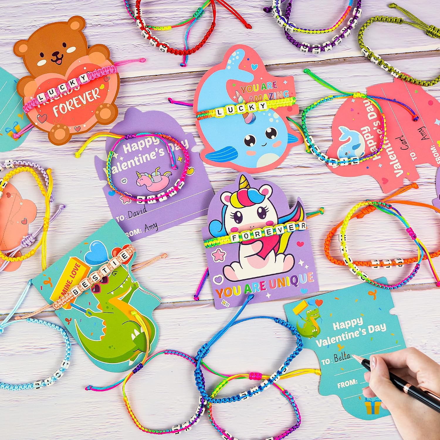 Gofriipai Valentines Day Cards for Kids School with Bracelets 24 Pack, Valentines Day Gifts for Kids Classroom with Friendship Bead Bracelets, Exchange Gift Valentine Party Favors for Kids Girls Boys
