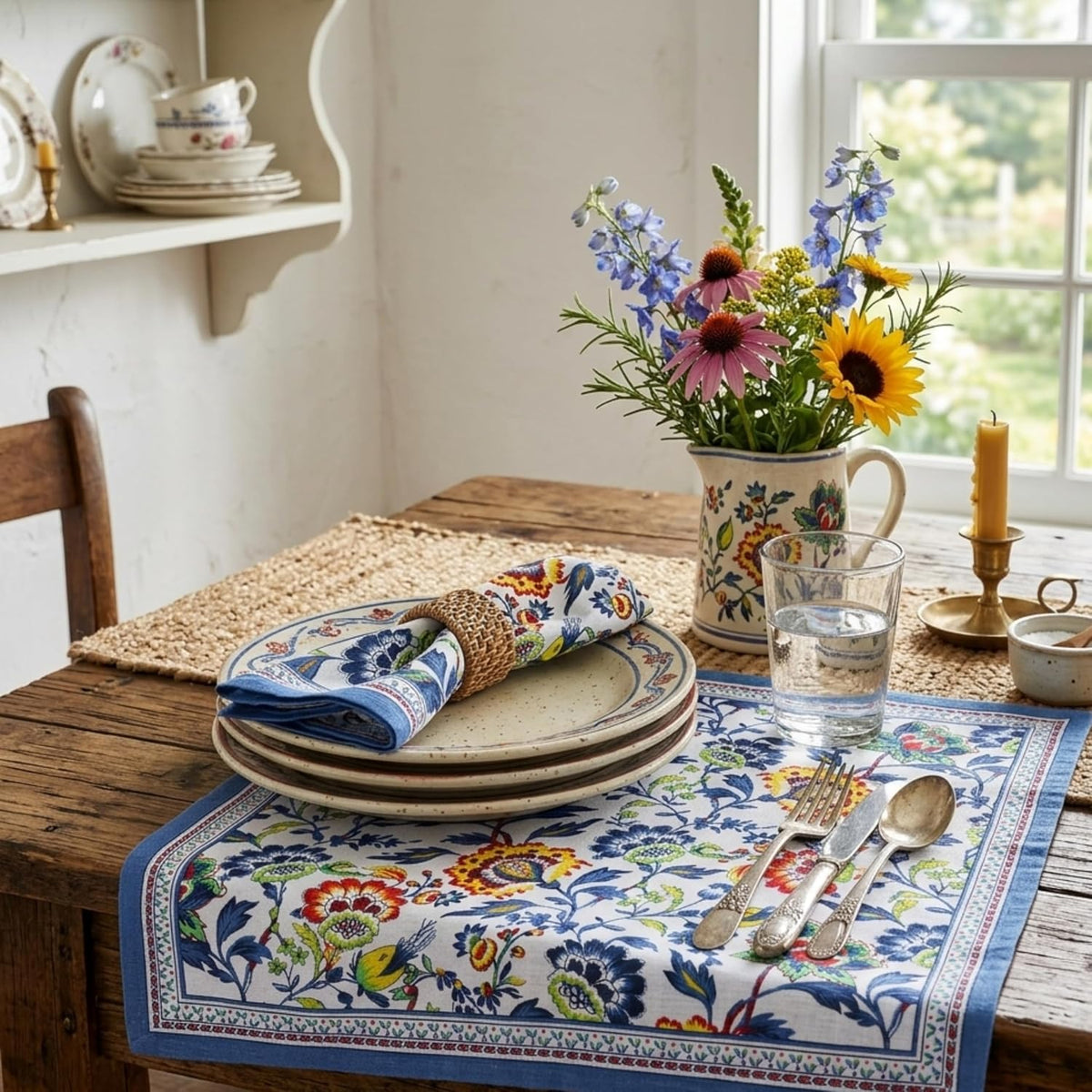 FINGERCRAFT Cloth Napkins Set of 12 Cotton Linen, 20x20 Inch, Blue Floral