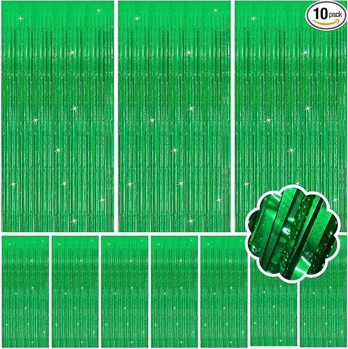 10 Pack Green Streamers Metallic Foil Fringe Curtain Backdrop for St Patrick's Day Birthday Christmas Dinosaur Animal Football Theme Party Decorations