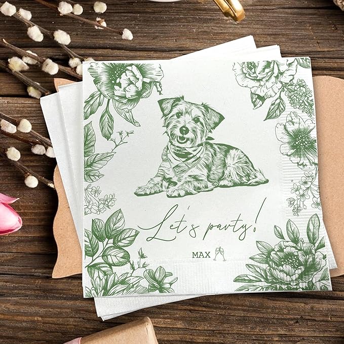Luxury Personalized Dog Wedding Napkins, Photo Napkins for Dog, Custom Wedding Cocktail Napkin, Blue Floral Cocktail Napkin, Paper for Pet Lovers, Bridal, Engagement Party, Bridal Shower