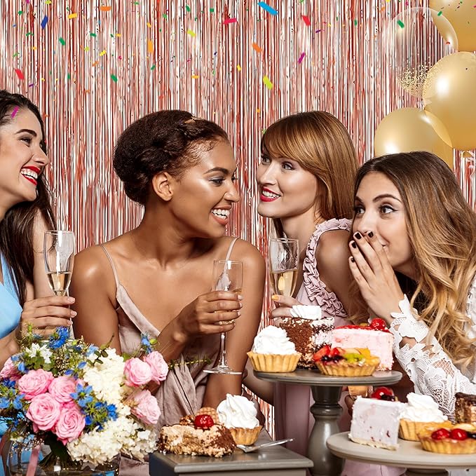 Crosize 2 Pack 3.3 x 9.9 ft Rose Gold Foil Fringe Backdrop Curtain, Streamer Backdrop Curtains, Streamers Birthday Party Decorations, Tinsel Curtain for Parties, Photo Booth Backdrops, Party Décor