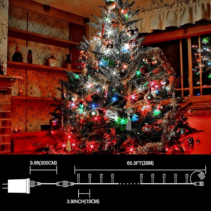 LAMPHOME 66ft Christmas Decorative Mini Lights, 200 LED Transparent Wire Fairy Starry String Lights Plug in, 12 Lighting Modes for Outdoor Xmas Tree Wedding Party Decoration (White and Multicolor)