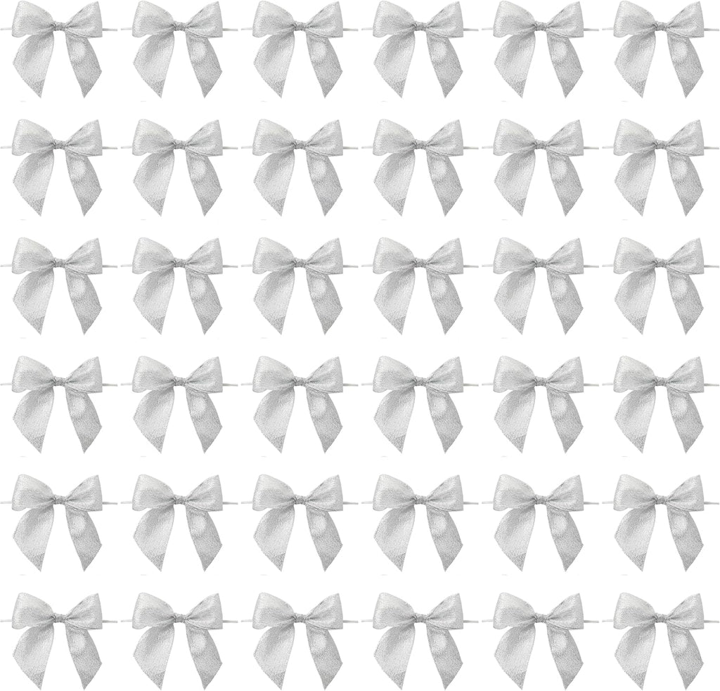 Bright Creations 36-Pack Mini Organza Twist Tie Bows - 4x3 Inch Silver Organza - Premade for Treat Bags & Gift Wrapping - Metallic Treat Bag & Craft Bows