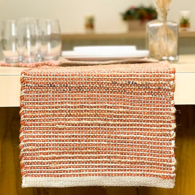 Chardin home Natural Jute Table Runner 13x72 Inch – Vintage Boho Rustic Table Decor – Handwoven Table Runner in Natural Jute and Rust Orange – Farmhouse Dining or Console Table Accent