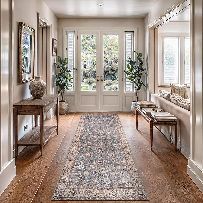 Bloom Rugs Washable Non-Slip 10 ft Runner - Beige/Blue Traditional Bordered Runner for Entryway, Hallway, Bathroom, and Kitchen - Exact Size: 2.5' x 10'