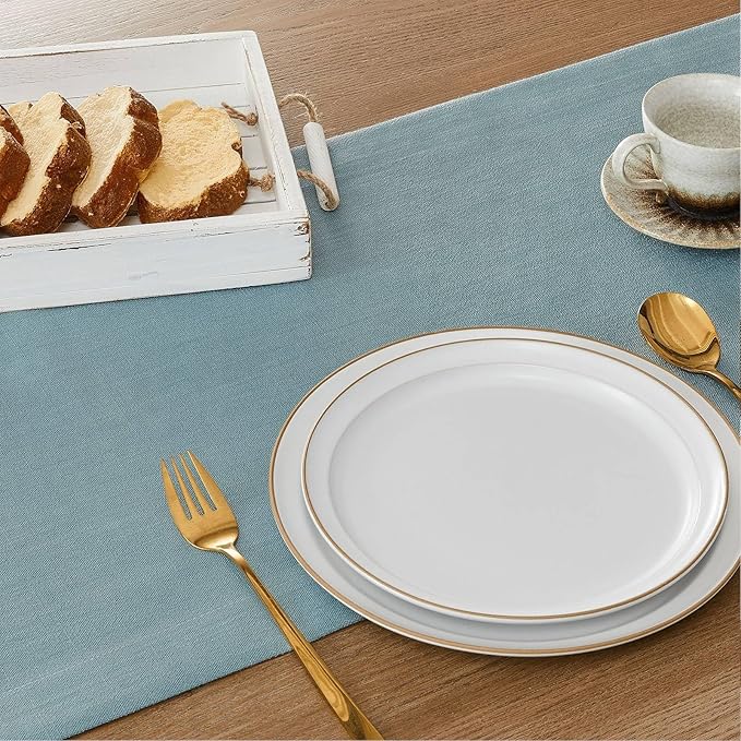 ZeeMart Linen Textured Border Table Runner, 14 x 72 Inch Blue, Farmhouse Style Dusty Blue Table Runners 72 Inches Long, Easy Care Everyday Polyester Table Runner
