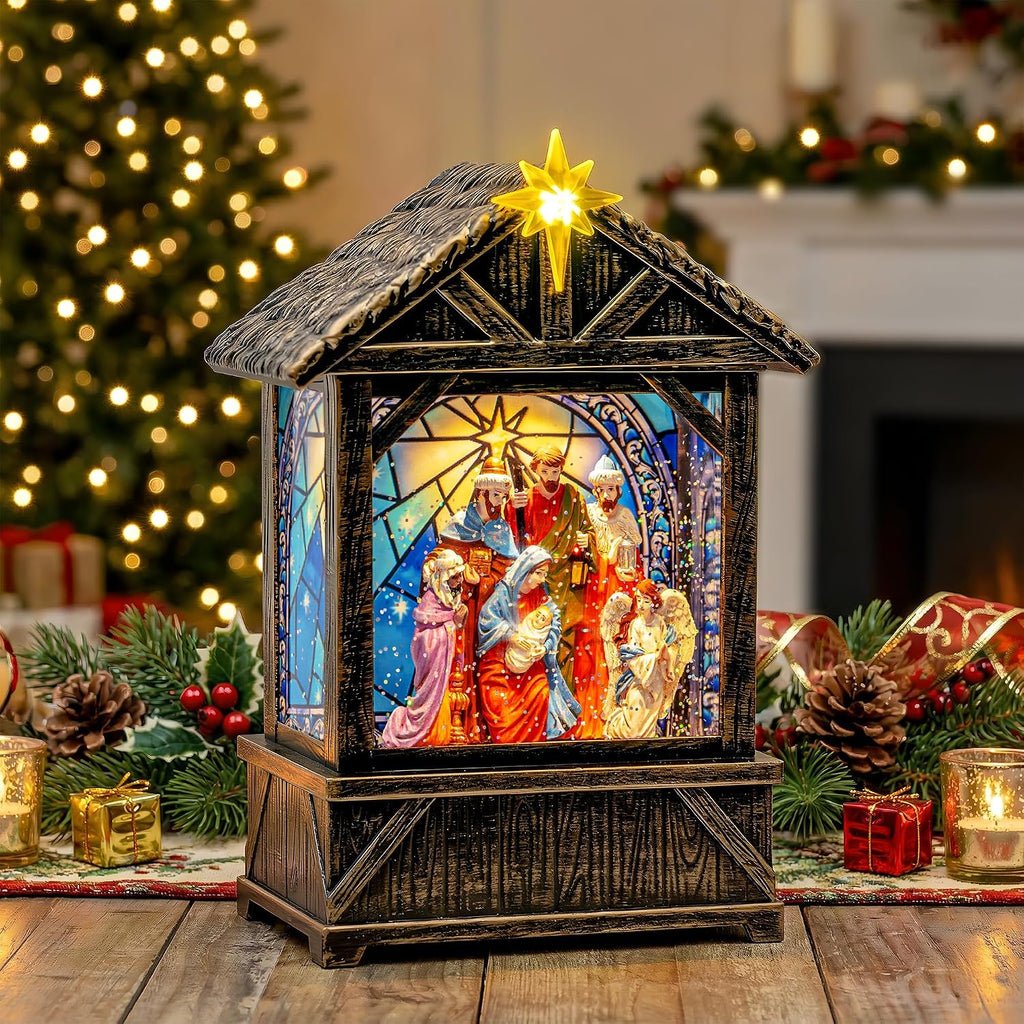 Nativity with Star Musical Lighted Water Creche with Swirling Glitter, Christmas Snow Globe Adoration of The Magi Nativity Manger Scene, Holiday Decorations Gifts for Family, Children or Friends