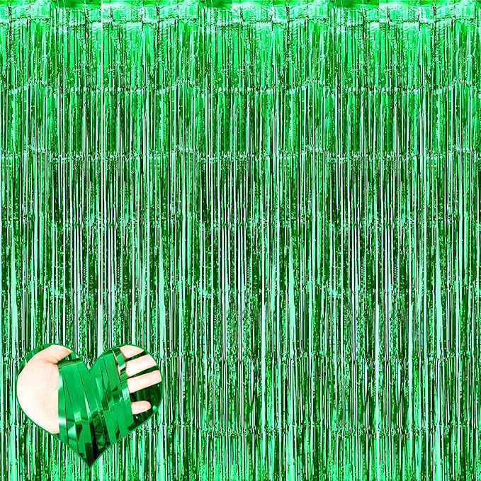 4 Pack Green Fringe Curtain Backdrop, 3.2Ft x 6.6Ft Metallic Tinsel Foil Fringe Streamers Background for Photo Booth Birthday Wedding Baby Shower Carnival Easter Mother’s Day Party Decorations