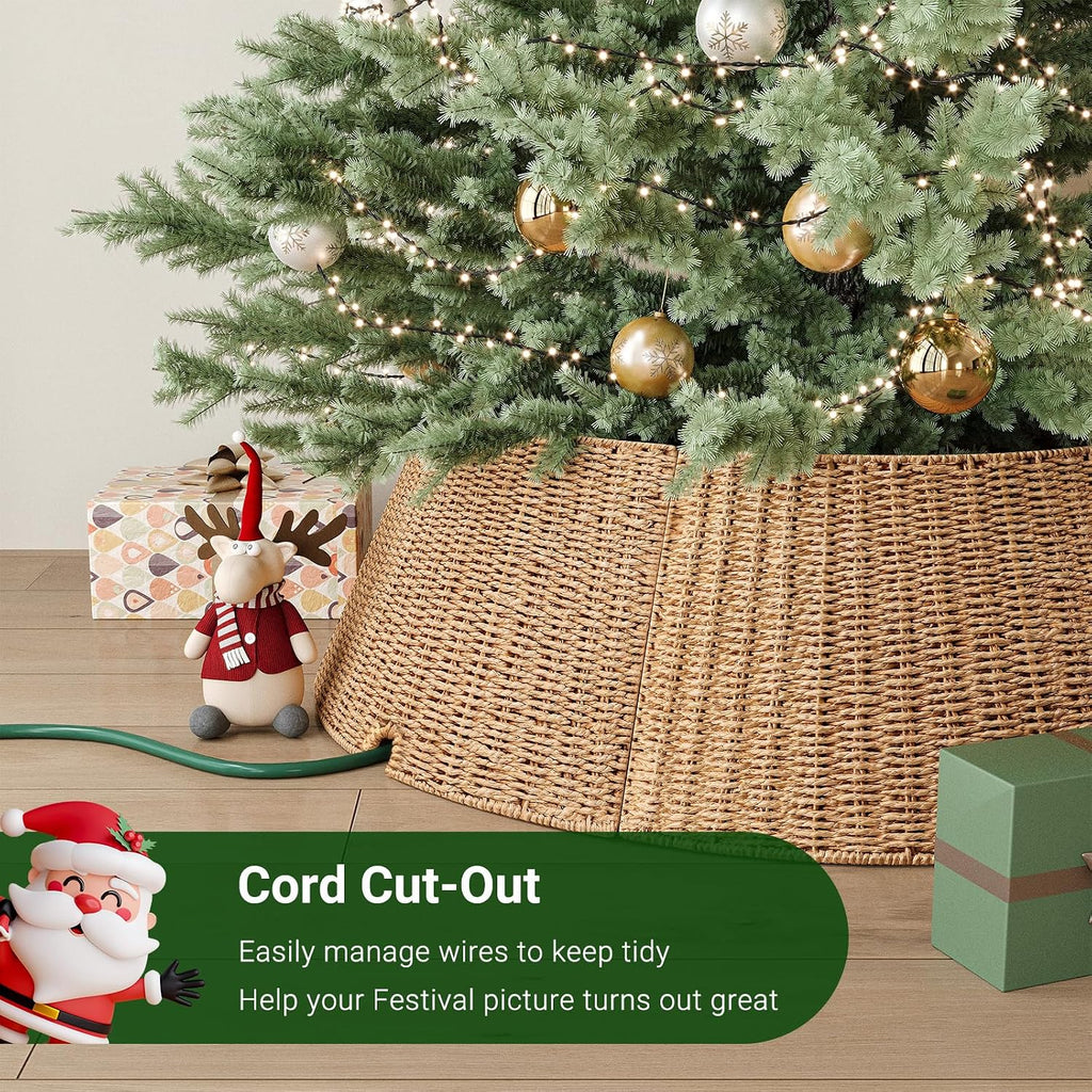 ELYKEN Christmas Tree Collar, 33 Inch Rustic Xmas Tree Basket for Artificial Trees, Paper Rope Woven Tree Skirt Ring, Tree Base Cover with Cord Cut-Out, Farmhouse Pencil Tree Collar for Home Decor
