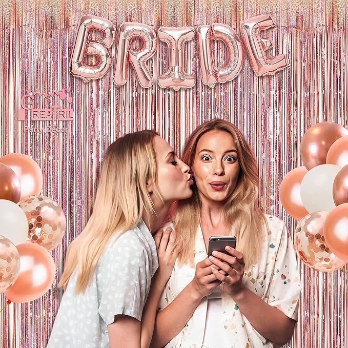 Rose Gold Tinsel Curtain Party Backdrop - GREATRIL Foil Fringe Curtain Streamers for Bachelorette Party Decorations Bride Be Party Streamers 2 Packs (Rose Gold)