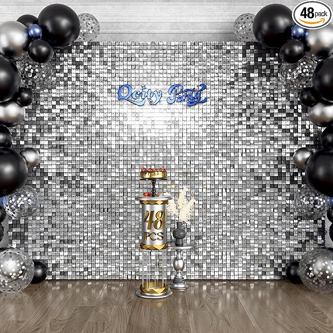 Qcity Silver Shimmer Wall Backdrop 48PCS, Black Back Not See-Through Design, Square Sequin Glitter Backdrop Panel, Perfect for Outdoor Events, Birthdays, Wedding and Party Decoration