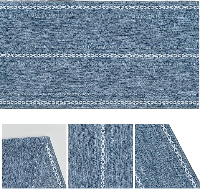 Artoid Mode Blue Rustic Cotton Linen Table Runner, Seasonal Embroidered Hollow Kitchen Dining Table Decoration for Home Party Decor 13x60 Inch