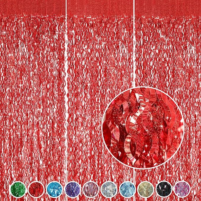 3 Pack Red Backdrop Curtain - CYLMFC 3.3 ft x 6.6 ft Foil Backdrop Curtain Streamers Birthday Decorations for Birthday Party Christmas Graduation Decor