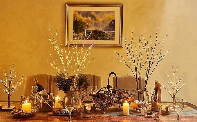 BAOLITVINE Birch Branch Lights with Timer Battery Operated 100 LED Fairy Lights, Lighted Willow Branches 32IN for Home Bedroom Fireplace Christmas Decoration Inside Outdoor