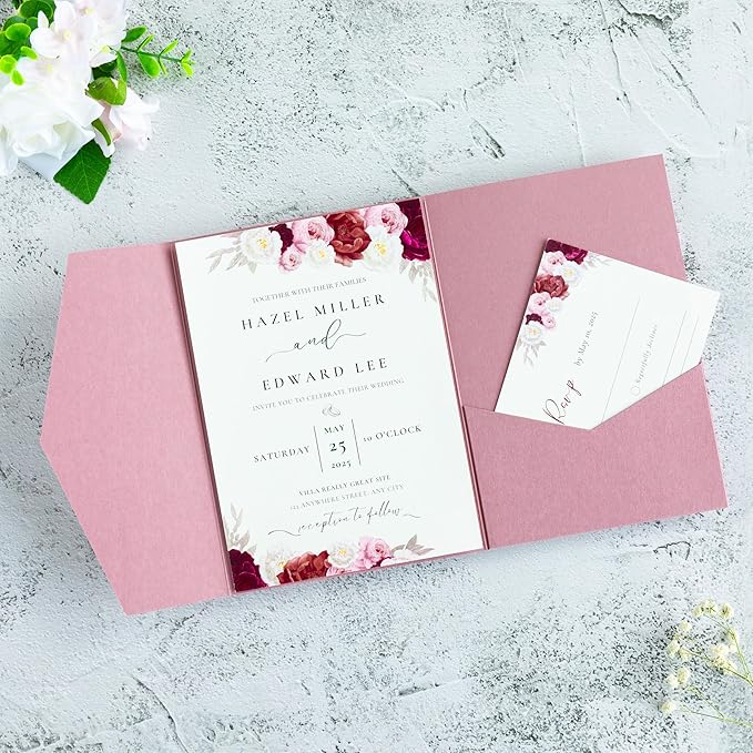20 PCS Dusty Rose Tri-fold Laser Cut Wedding Invitation Pockets for 5x7 Wedding Cards Bridal Shower Engagement Quinceanera Invitation