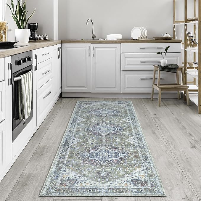 Bloom Rugs Washable Non-Slip 12 ft Runner - Green/Blue Traditional Medallion Runner for Entryway, Hallway, Bathroom, and Kitchen - Exact Size: 2.5' x 12'