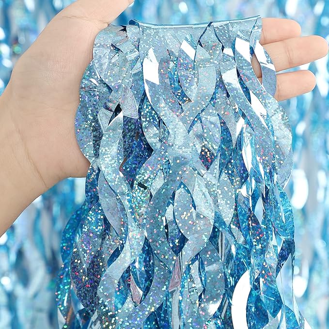 3 Pack 3.3 ft x 6.6 ft Tinsel Foil Fringe Curtain Blue - Foil Fringe Backdrop Wall Curtains for Baby Shower,Mermaid,Under The Sea,Ocean,Frozen Party Decorations