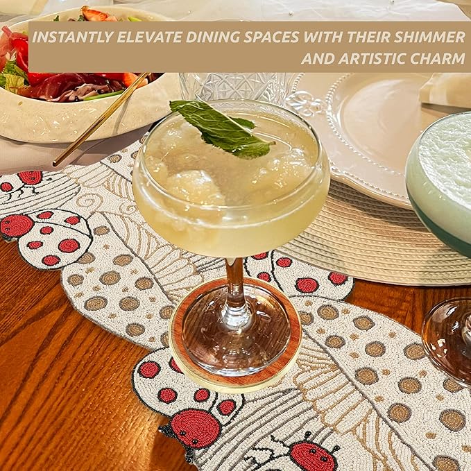 Beaded Table Runner Decorative Glitz Table Runner - 13x36” Handcrafted Runner for Winter Holiday, Kitchen, Dining Table, Spring Décor, Dining Table, Coffee Table or Entryway (Red Ivory) - CLEENTABLE