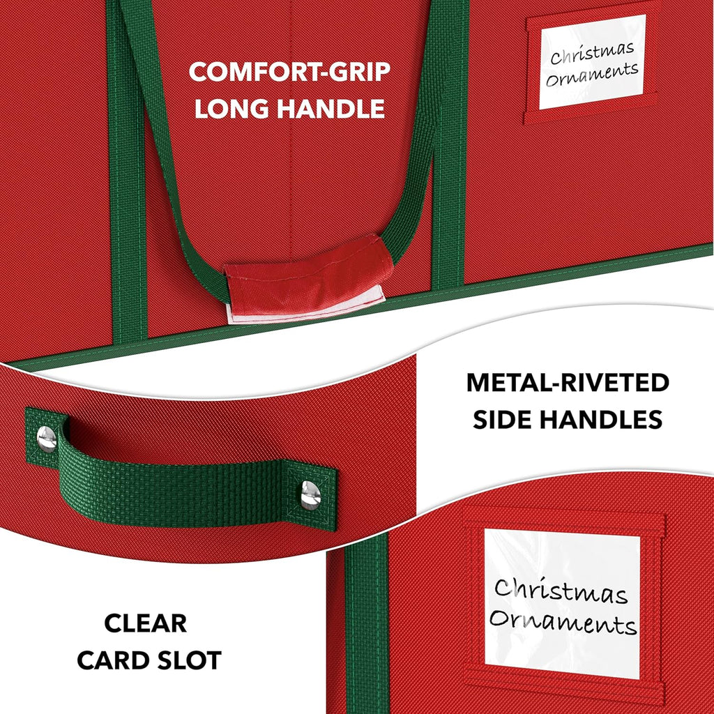 Simple Houseware Heavy-Duty Large Christmas Ornament Storage Box with Adjustable Dividers, Stores up to 128 Ornaments, Zipper Lid, Red
