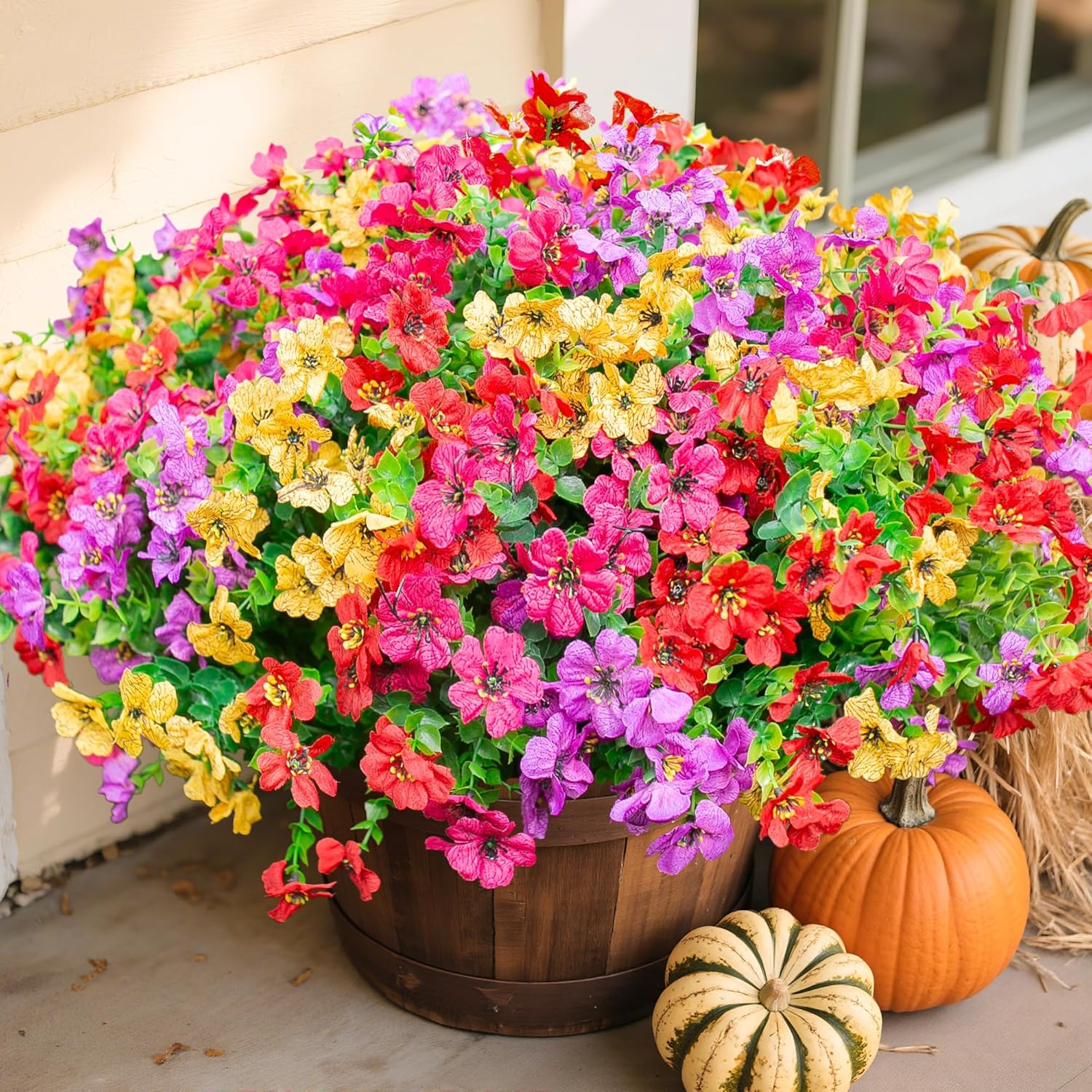 florisso Artificial Flowers for Outdoors Daisy 12 Bundles for Home Decoration, Faux Flower Fake Plants Outside Decoration with Eucalyptus UV Resistant for Planter Porch Patio Yard Garden Colorful
