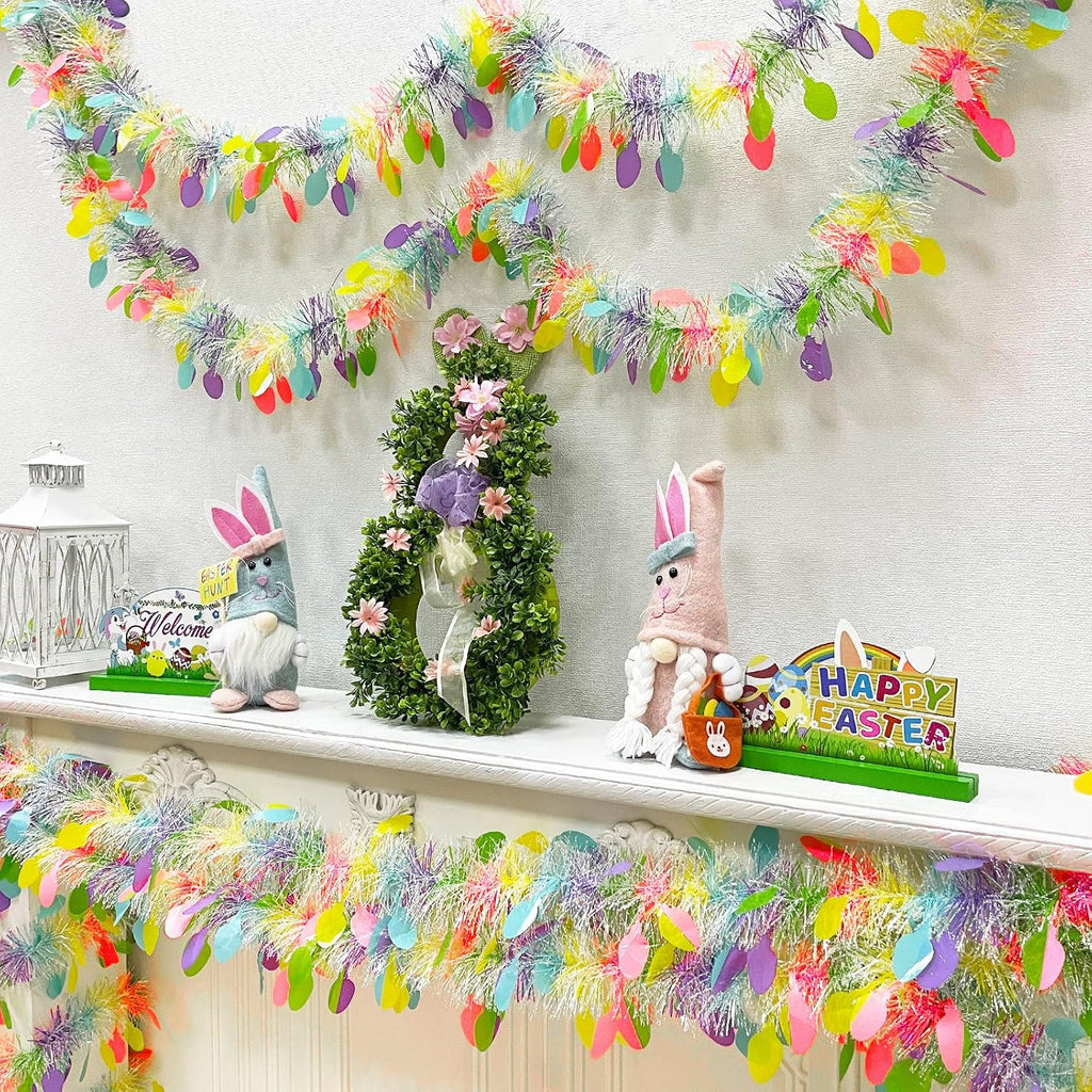 TURNMEON 3 Pack Easter Colorful Tinsel Garlands Easter Decorations,Total 45 Ft Easter Eggs Garland Metallic Streamer Hanging Fringe Garland Easter Decorations Home Indoor Outdoor Party,Each 15Ft by 6"