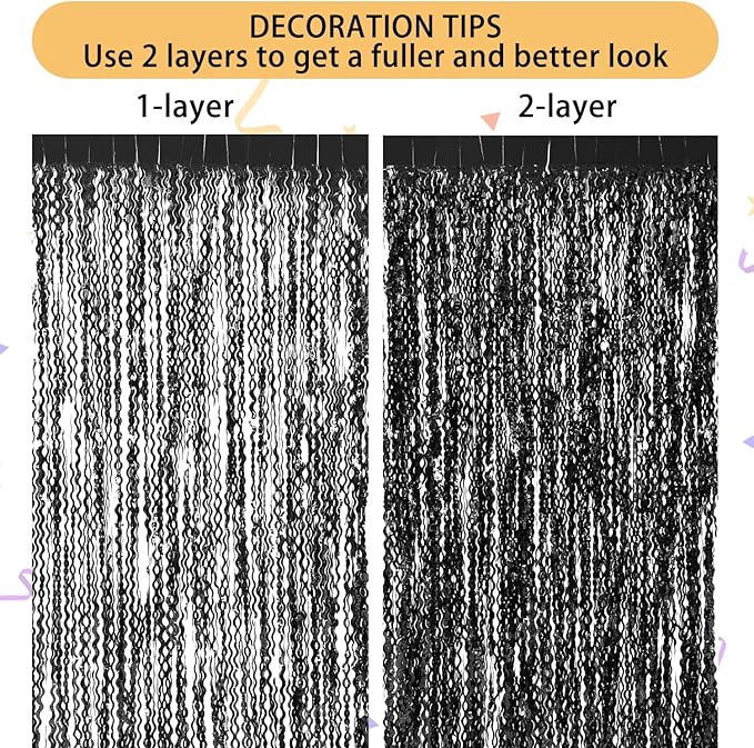 3 Pack New Years Decorations Wavy Black Tinsel Foil Fringe Curtains Party Backdrop 3.3 x 6.6 ft Streamer Backdrop Tinsel Curtains for Birthday, Graduation, Fiesta, Halloween Party Decor