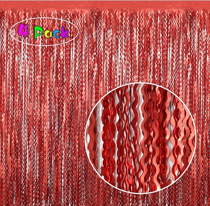 4 Pack Red Streamers Party Decorations - 3.3x6.6ft Foil Curtain Background for Birthday Decorations | Wedding | Halloween | Christmas Party Decoration | Red Tinsel Backdrop
