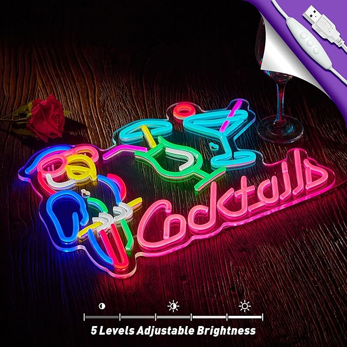 Parrot Cocktail Neon Sign for Wall Decor Bar LED Light Beer Wine Alcohol Man Cave Garage USB Powered Dimmable Art Signs
