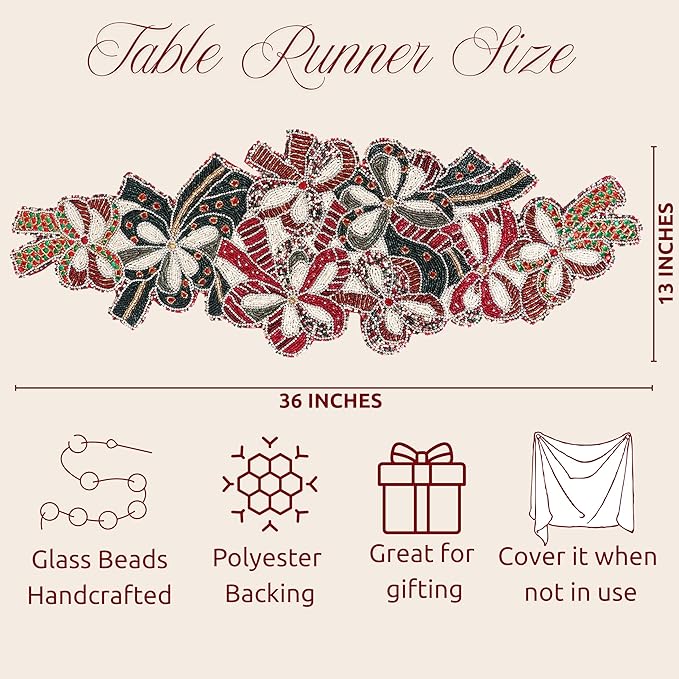 Elegant Glass Beads Table Runner 13x36 - Handcrafted Beaded Table Linen, Perfect for Weddings, Festive Celebrations, Dining Tables, Home Décor, and Everyday Use (Red White) - CLEENTABLE