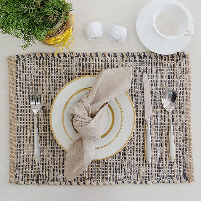 Chardin Home Natural Jute & Grey Placemats, Set of 4 – Rustic Handmade Boho Table Mats, 13x19 Inch Dining Table Placemats for Kitchen, Everyday Meals, Holidays, Farmhouse or Modern Table Décor