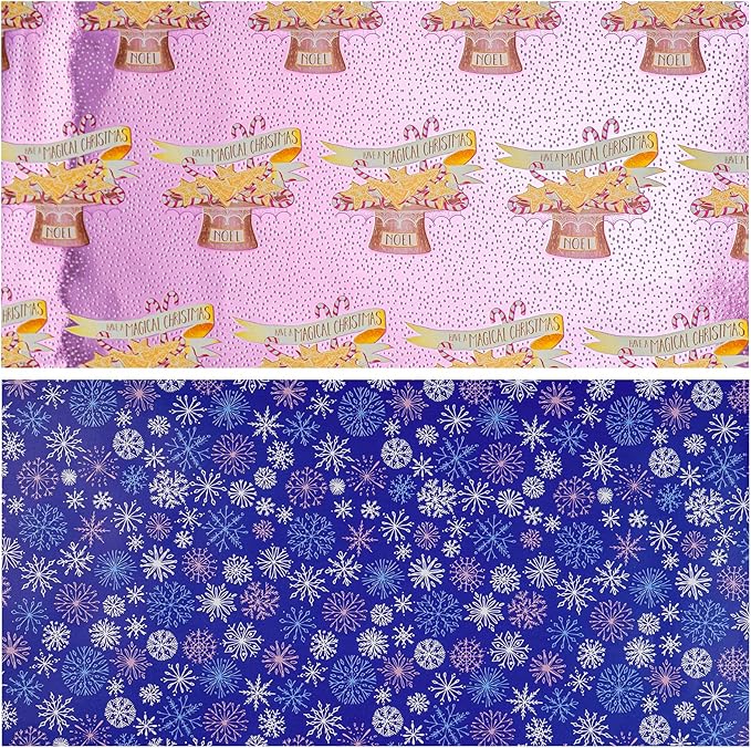 LeZakaa Christmas Purple Wrapping Paper Mini Roll, Have a Magical Christmas Cake Stand, Snowflake in Purple, Metallic Foil, Reversible Design for Winter Holiday Family Gathering, 17 inches x 32.8 Feet