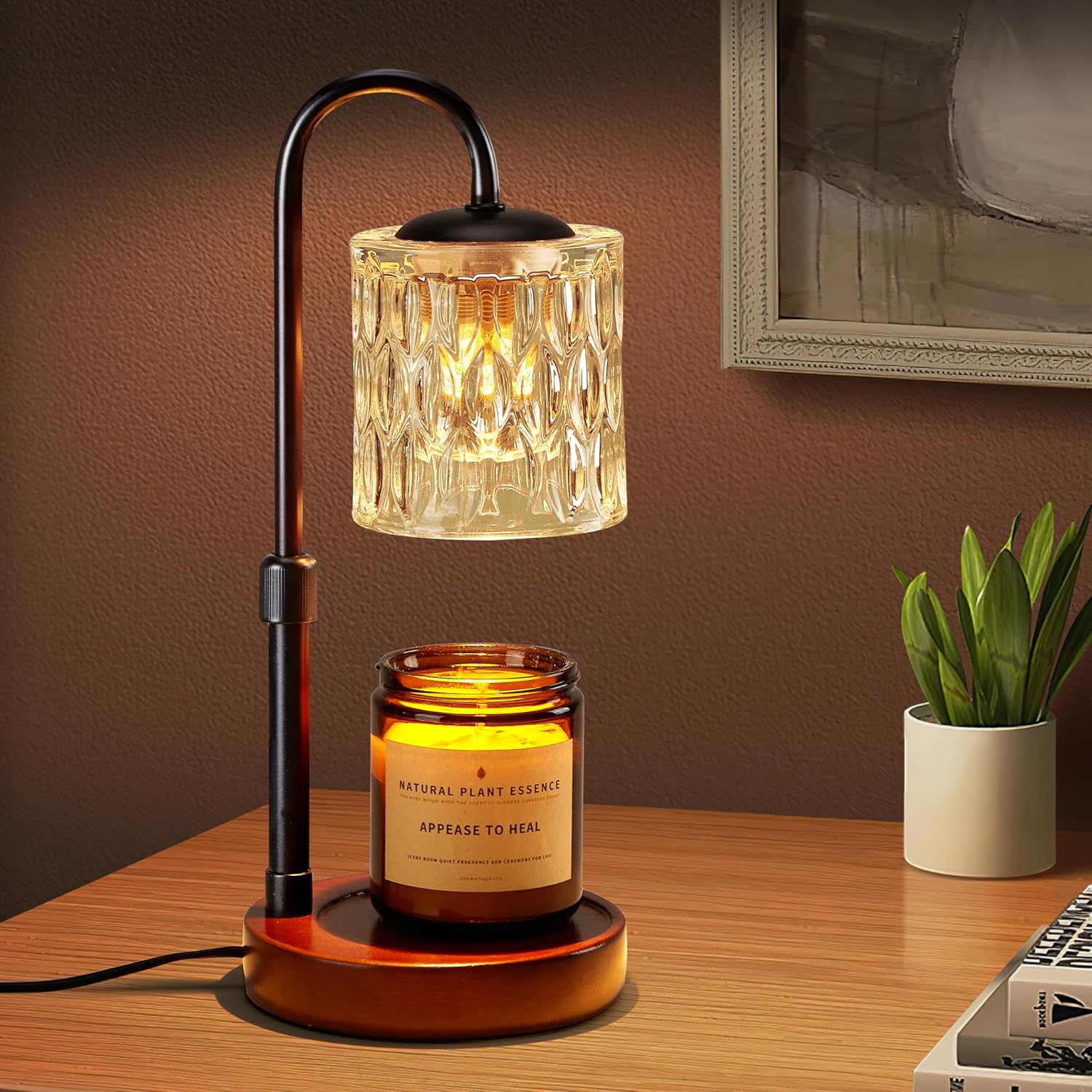 Briever Dimmable Candle Warmer Lamp with Timer, Height Adjustable Electric Candle Wax Warmer, Christmas Birthday Gifts for Women Mom, House Warming Gifts New Home Room Decor, Walnut Solid Wood Base